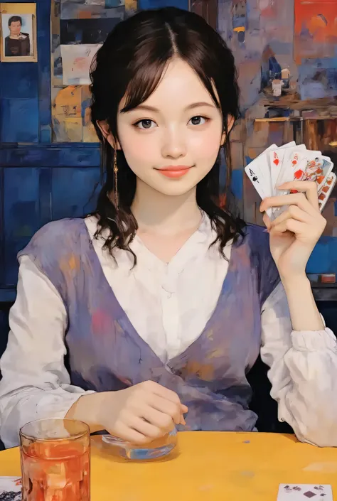 (非常に美しく精巧な水彩画:1.5), Hitomi Tanaka、田中瞳、A stunningly beautiful young girl, master of card games, sitting at a dimly lit table, holding playing cards with confident elegance, surrounded by subtle hints of luxury, soft warm lighting, painted in the style of Im...