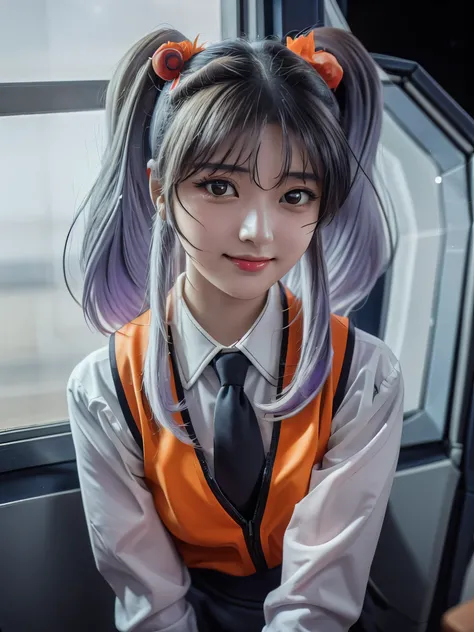 1girl, solo, 16 years old, beautiful girl, Japanese girl, (smile, Looking at camera), 
upper body, dynamic angle,
BREAK
RH, shirt, white shirt, long sleeves, stick tie, black tie, vest, ((orange vest)), sleeveless vest, black skirt, tight skirt,
BREAK
hosh...