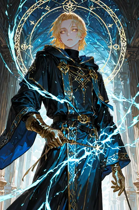 8k, beautiful masterpiece, looking ahead, alone, pale skin, Perfect Eyes shape, Athletic Build, ((He wears: long black robe with very wide sleeves and hood down, elegant black with blue accents wizard clothing, black belt with golden buckle, pouches and sc...