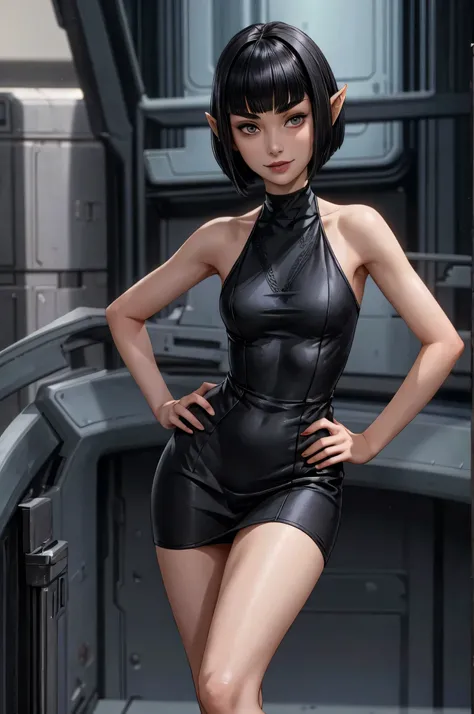 tight black dress, short dress, best quality,female vulcan, teenager, black hair, bobcut, smile, looking at viewer, pale skin, standing, hand on hip, 
pointed ears
pointed eyebrows
blunt bangs