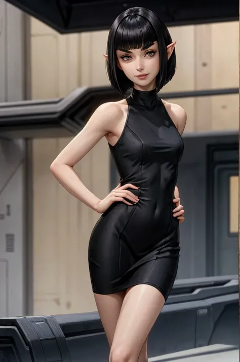 tight black dress, short dress, best quality,female vulcan, teenager, black hair, bobcut, smile, looking at viewer, pale skin, standing, hand on hip, looking at viewer
pointed ears
pointed eyebrows
blunt bangs