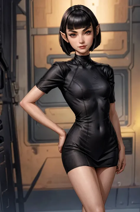 tight black dress, short dress, best quality,female vulcan, teenager, black hair, bobcut, smile, looking at viewer, pale skin, standing, hand on hip, looking at viewer, detailed face, skinny, petite, 
pointed ears
pointed eyebrows
blunt bangs
