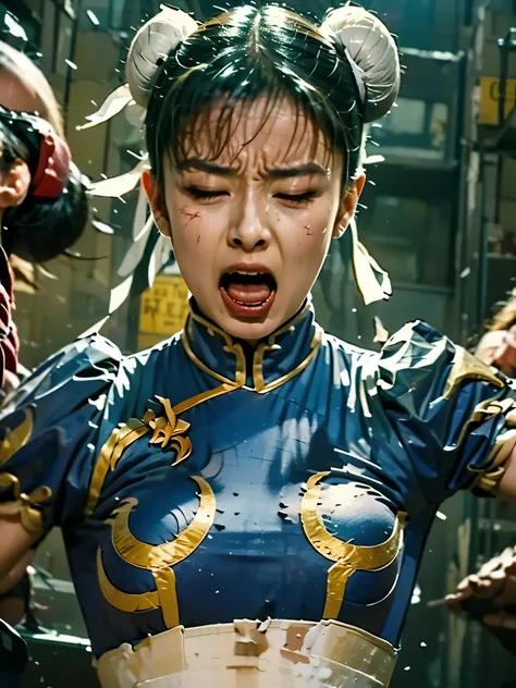 is screaming after being eaten by an attack, Chun Li, ryona , nagging behind, expression of agony, closed eyes, masterpiece, hyper real, photo real, high image quality, Please draw the details of your face, clothes, and body accurately