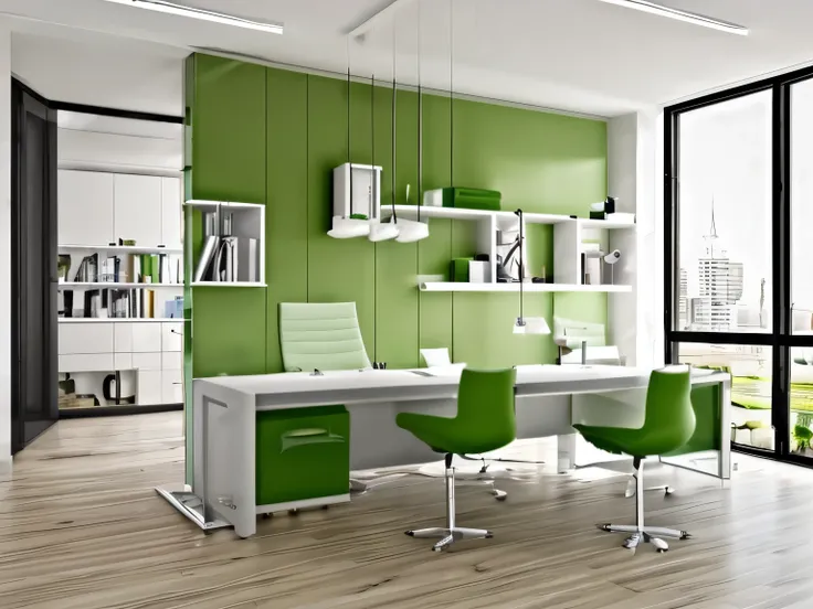 minimalist office, Light green, dark green, white, happy