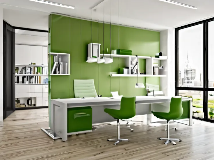 minimalist office, Light green, dark green, white, happy