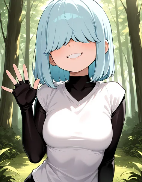 masterpiece, best quality, high resolution, very detailed about trends, solo, Lucy Loud, young, light blue hair, hair covering her eyes, black long-sleeved shirt underneath, pink fingerless gloves, smiling, forest, white sleeveless t-shirt on top, medium b...