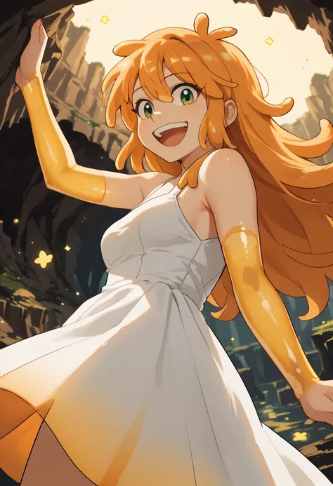 woman, anime style, white skin, green eyes, orange hair, focus on the character, cave, yellow slime, open arms, happy, long hair, smile, side view, bottom view, white dress, Rimuru Tempest, yellow Slime, solo, Monster girl