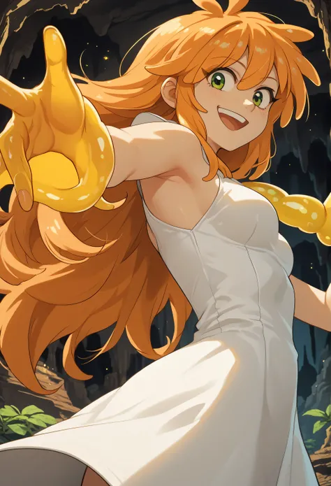 woman, anime style, white skin, green eyes, orange hair, focus on the character, cave, yellow slime, open arms, happy, long hair, smile, side view, bottom view, white dress, Rimuru Tempest, yellow Slime, solo, Monster girl