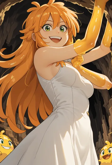 woman, anime style, white skin, green eyes, orange hair, focus on the character, cave, yellow slime, open arms, happy, long hair, smile, side view, bottom view, white dress, Rimuru Tempest, yellow Slime, solo, Monster girl