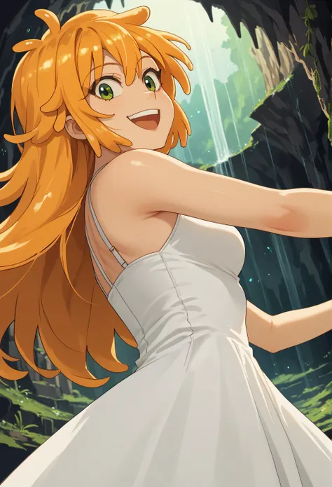 woman, anime style, white skin, green eyes, orange hair, focus on the character, cave, yellow slime, open arms, happy, long hair, smile, side view, bottom view, white dress, Rimuru Tempest, yellow Slime, solo, Monster girl
