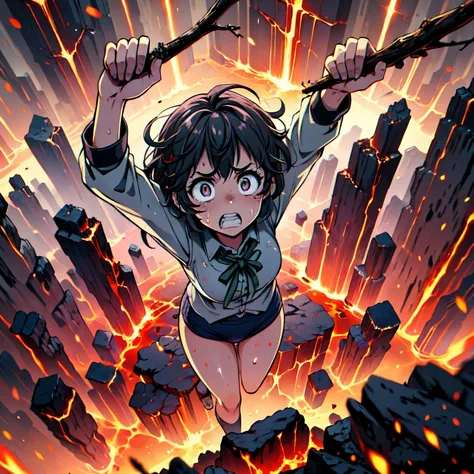 masterpiece,best quality,highly detailed,1girl,solo,scared,raised eyebrows,constricted pupils,surprised,clenched teeth,sweat,sweatdrop,purple eyes,black hair,long hair,lycoris uniform,green ribbon,long sleeves,black gymnastics bloomers,high leg,self wedgie...