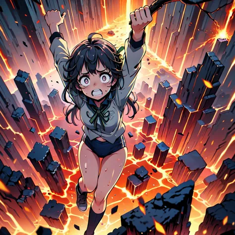 masterpiece,best quality,highly detailed,1girl,solo,scared,raised eyebrows,constricted pupils,surprised,clenched teeth,sweat,sweatdrop,purple eyes,black hair,long hair,lycoris uniform,green ribbon,long sleeves,black gymnastics bloomers,high leg,self wedgie...