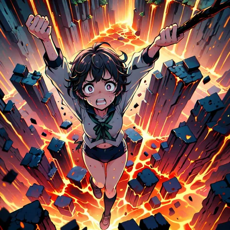 masterpiece,best quality,highly detailed,1girl,solo,scared,raised eyebrows,constricted pupils,surprised,clenched teeth,sweat,sweatdrop,purple eyes,black hair,long hair,lycoris uniform,green ribbon,long sleeves,black gymnastics bloomers,high leg,self wedgie...