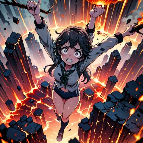 masterpiece,best quality,highly detailed,1girl,solo,scared,raised eyebrows,constricted pupils,surprised,clenched teeth,sweat,sweatdrop,purple eyes,black hair,long hair,lycoris uniform,green ribbon,long sleeves,black gymnastics bloomers,high leg,self wedgie...