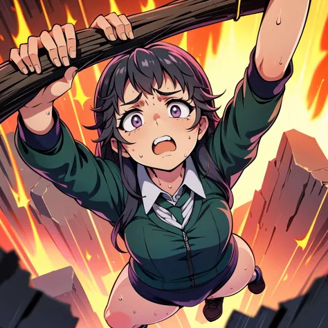 masterpiece,best quality,highly detailed,1girl,solo,scared,raised eyebrows,constricted pupils,surprised,clenched teeth,sweat,sweatdrop,purple eyes,black hair,long hair,lycoris uniform,green ribbon,long sleeves,black gymnastics bloomers,high leg,self wedgie...