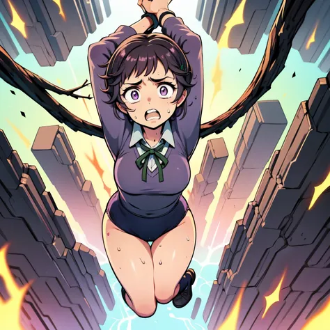 masterpiece,best quality,highly detailed,1girl,solo,scared,raised eyebrows,constricted pupils,surprised,clenched teeth,sweat,sweatdrop,purple eyes,black hair,long hair,lycoris uniform,green ribbon,long sleeves,black gymnastics bloomers,high leg,self wedgie...