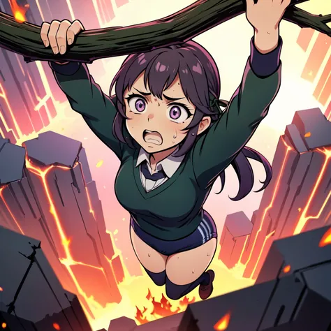 masterpiece,best quality,highly detailed,1girl,solo,scared,raised eyebrows,constricted pupils,surprised,clenched teeth,sweat,sweatdrop,purple eyes,black hair,long hair,lycoris uniform,green ribbon,long sleeves,black gymnastics bloomers,high leg,self wedgie...