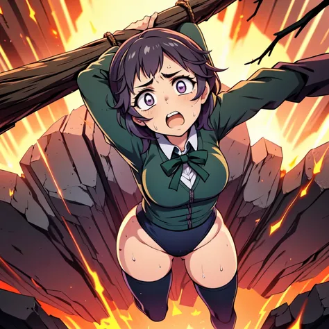 masterpiece,best quality,highly detailed,1girl,solo,scared,raised eyebrows,constricted pupils,surprised,clenched teeth,sweat,sweatdrop,purple eyes,black hair,long hair,lycoris uniform,green ribbon,long sleeves,black gymnastics bloomers,high leg,self wedgie...