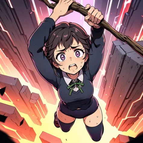 masterpiece,best quality,highly detailed,1girl,solo,scared,raised eyebrows,constricted pupils,surprised,clenched teeth,sweat,sweatdrop,purple eyes,black hair,long hair,lycoris uniform,green ribbon,long sleeves,black gymnastics bloomers,high leg,self wedgie...