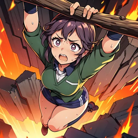 masterpiece,best quality,highly detailed,1girl,solo,scared,raised eyebrows,constricted pupils,surprised,clenched teeth,sweat,sweatdrop,purple eyes,black hair,long hair,lycoris uniform,green ribbon,long sleeves,black gymnastics bloomers,high leg,self wedgie...