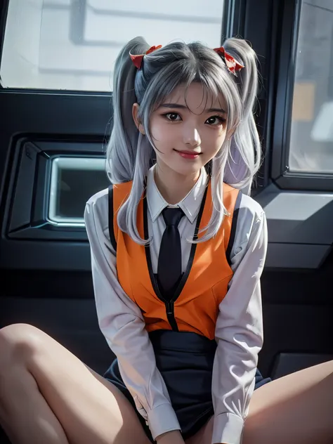 1girl, solo, 16 years old, beautiful girl, Japanese girl, (smile, Looking at camera), 
upper body, (((Spread your legs))), active pose, Swayback stance, Seductive pose, dynamic angle,
BREAK
RH, shirt, white shirt, long sleeves, stick tie, black tie, vest, ...