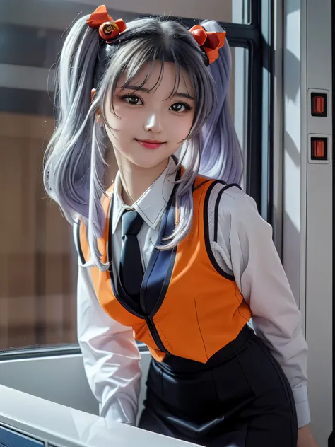 1girl, solo, 16 years old, beautiful girl, Japanese girl, (smile, Looking at camera), 
upper body, active pose, Swayback stance, Seductive pose, dynamic angle,
BREAK
RH, shirt, white shirt, long sleeves, stick tie, black tie, vest, ((orange vest)), sleevel...