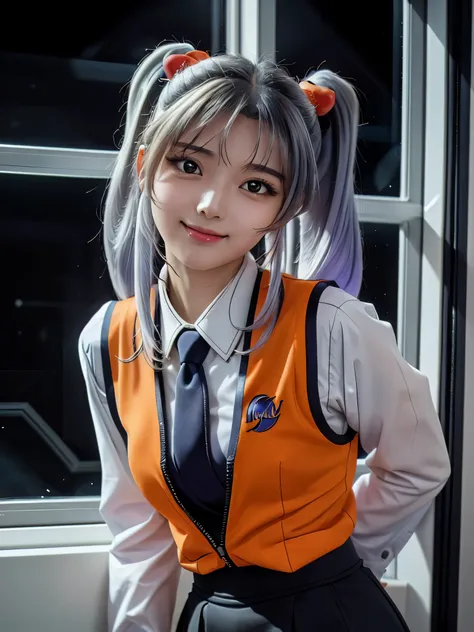 1girl, solo, 16 years old, beautiful girl, Japanese girl, (smile, Looking at camera), 
upper body, active pose, Swayback stance, Seductive pose, dynamic angle,
BREAK
RH, shirt, white shirt, long sleeves, stick tie, black tie, vest, ((orange vest)), sleevel...