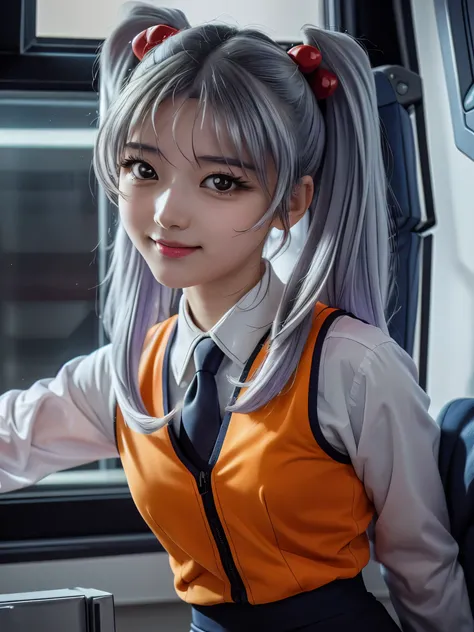 1girl, solo, 16 years old, beautiful girl, Japanese girl, (smile, Looking at camera), 
upper body, active pose, Swayback stance, Seductive pose, dynamic angle,
BREAK
RH, shirt, white shirt, long sleeves, stick tie, black tie, vest, ((orange vest)), sleevel...