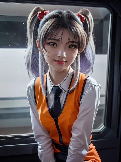 1girl, solo, 16 years old, beautiful girl, Japanese girl, (smile, Looking at camera), 
upper body, dynamic angle,
BREAK
RH, shirt, white shirt, long sleeves, stick tie, black tie, vest, ((orange vest)), sleeveless vest, black skirt, tight skirt,
BREAK
hosh...