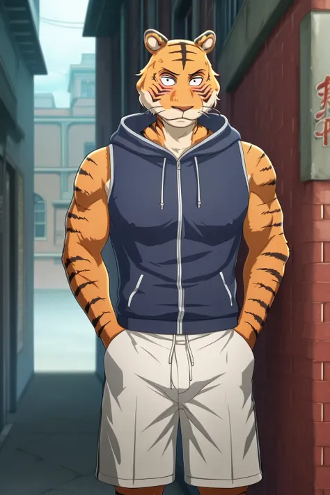 building、BEASTARS、Bengal tiger、furry man、muscular man、solo、Athlete-like physique、black stripe、pink nipples、Hooded Vest 、wear a hood、Putting Hands in Pockets、Shorts、Penis visible from under underpants、back alley、standing、No expression