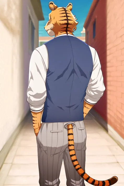 building、beastars、Bengal tiger、Hairy man、muscular man、Alone、 athletic physique、Black Stripe long sleeve school shirt color white, Corbara dark gray 、Blue vest, Putting your hands in your pockets、gray school pants with black stripes tiger tail, front view o...