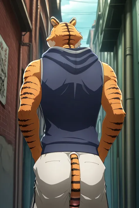 building、BEASTARS、Bengal tiger、furry man、muscular man、solo、Athlete-like physique、black stripe、pink nipples、Hooded Vest 、wear a hood、Putting Hands in Pockets、Shorts、Penis visible from under underpants、back alley、standing、No expression