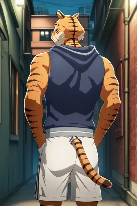 building、BEASTARS、Bengal tiger、furry man、muscular man、solo、Athlete-like physique、black stripe、pink nipples、Hooded Vest 、wear a hood、Putting Hands in Pockets、Shorts、Penis visible from under underpants、back alley、standing、No expression