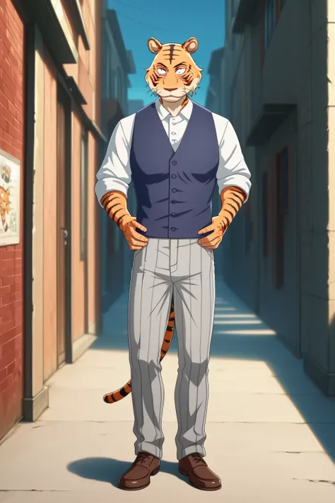 building、beastars、Bengal tiger、Hairy man、muscular man、Alone、  athletic physique、Long sleeve school shirt with black stripes white color, Corbara dark gray 、Blue vest, put your hands on your waist、gray school pants with black stripes tiger tail, front view ...