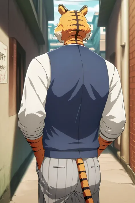 building、beastars、Bengal tiger、Hairy man、muscular man、Alone、  athletic physique、Long sleeve school shirt with black stripes white color, Corbara dark gray 、Blue vest, Put your hands in your pockets、gray school pants with black stripes tiger tail, front vie...