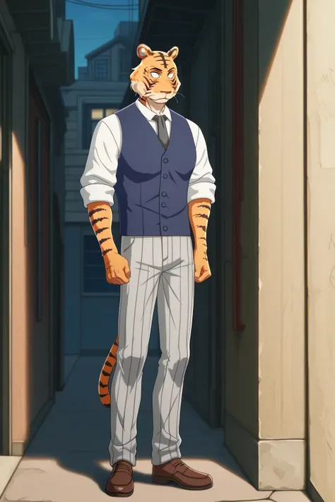 building、beastars、Bengal tiger、Hairy man、muscular man、Alone、  athletic physique、Long sleeve school shirt with black stripes white color, Corbara dark gray 、Blue vest, put your hands on your waist、gray school pants with black stripes tiger tail, front view ...