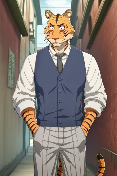 building、beastars、Bengal tiger、Hairy man、muscular man、Alone、  athletic physique、Long sleeve school shirt with black stripes white color, Corbara dark gray 、Blue vest, Put your hands in your pockets、gray school pants with black stripes tiger tail, front vie...