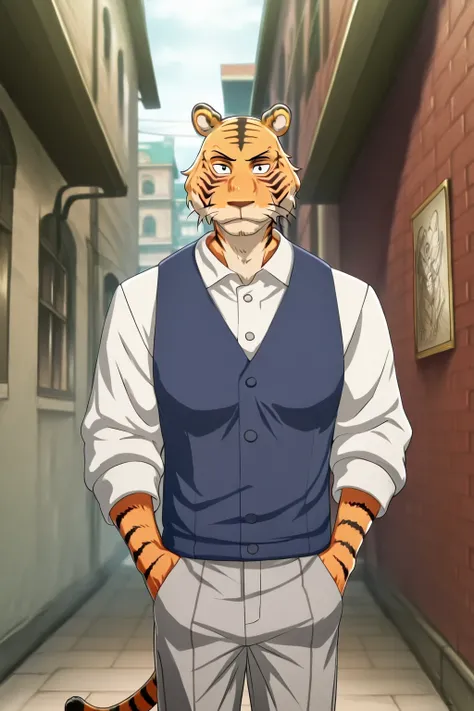 building、beastars、Bengal tiger、Hairy man、muscular man、Alone、  athletic physique、Long sleeve school shirt with black stripes white color, Corbara dark gray 、Blue vest, Put your hands in your pockets、gray school pants with black stripes tiger tail, front vie...