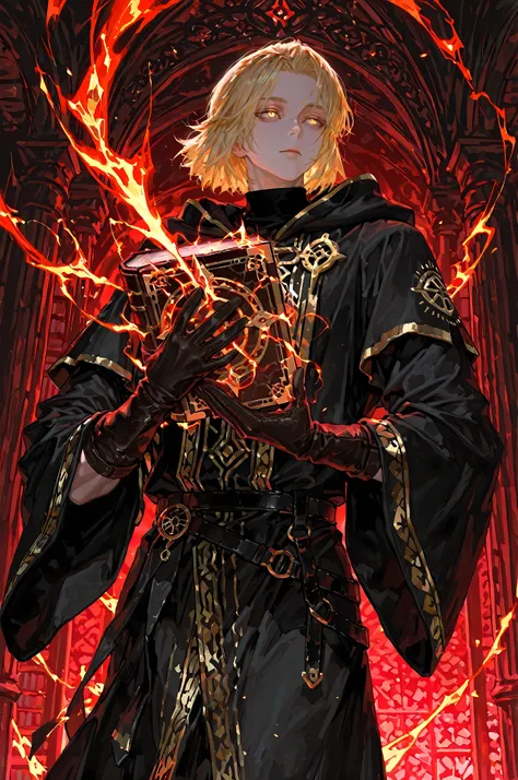 8k, beautiful masterpiece, looking ahead, alone, pale skin, Perfect Eyes shape, Athletic Build, ((He wears: long black robe with very wide sleeves and hood down, elegant black with red accents wizard clothing, black belt with golden buckle, pouches and scr...