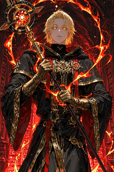 8k, beautiful masterpiece, looking ahead, alone, pale skin, Perfect Eyes shape, Athletic Build, ((He wears: long black robe with very wide sleeves and hood down, elegant black with red accents wizard clothing, black belt with golden buckle, pouches and scr...