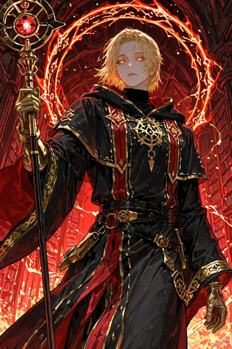 8k, beautiful masterpiece, looking ahead, alone, pale skin, Perfect Eyes shape, Athletic Build, ((He wears: long black robe with very wide sleeves and hood down, elegant black with red accents wizard clothing, black belt with golden buckle, pouches and scr...
