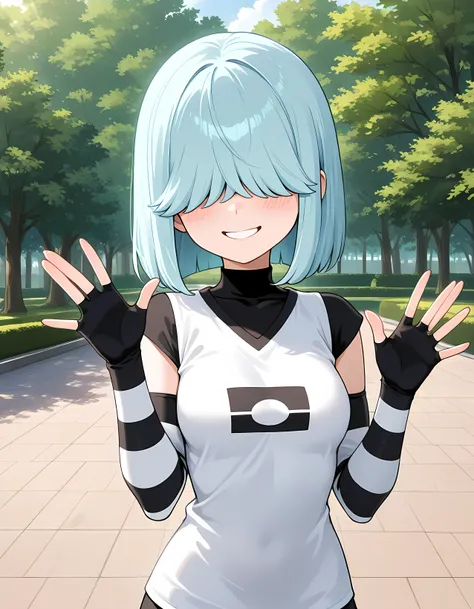 masterpiece, best quality, high resolution, very detailed on trends, solo, Lucy Loud, young woman, light blue hair, face covered by hair, face completely covered, hair covering eyes, black blouse underneath, pair of black gloves with black and white stripe...