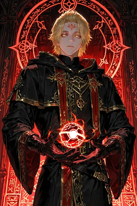 8k, beautiful masterpiece, looking ahead, alone, pale skin, Perfect Eyes shape, Athletic Build, ((He wears: long black robe with very wide sleeves and hood down, elegant black with red accents wizard clothing, black belt with golden buckle, pouches and scr...