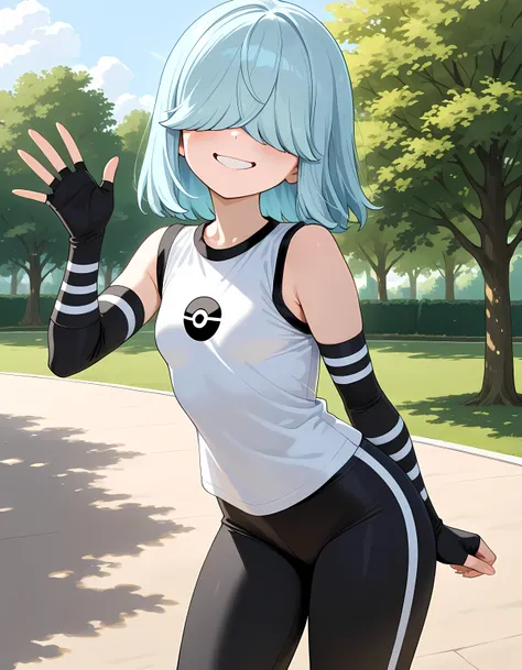 masterpiece, best quality, high resolution, very detailed on trends, solo, Lucy Loud, young woman, light blue hair, face covered by hair, face completely covered, hair covering eyes, black blouse underneath, pair of black gloves with black and white stripe...