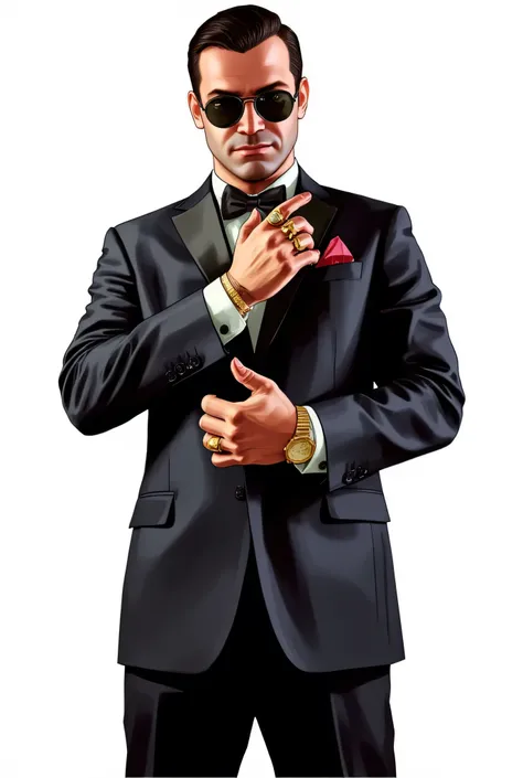 (GTA drawing style), (GTA gangster), mobster, handsome young man, black hair, long face, wearing black round sunglasses, mocking look showing teeth, muscular, wearing black evening suit, black pants, gold jewelry on fingers, gold rolex, gold rings on finge...