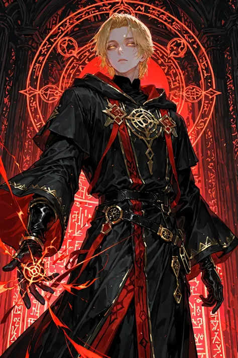 8k, beautiful masterpiece, looking ahead, alone, pale skin, Perfect Eyes shape, Athletic Build, ((He wears: long black robe with very wide sleeves and hood down, elegant black with red accents wizard clothing, black belt with golden buckle, pouches and scr...