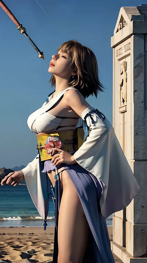 ((( carefully depict the limbs based on perfect anatomy))),low angle bust up 8K is attractive for shooting with a wide-angle lens from the side {x} a very beautiful girl with 8 heads raising her chin at the edge of a tropical white sandy beach, with her pa...