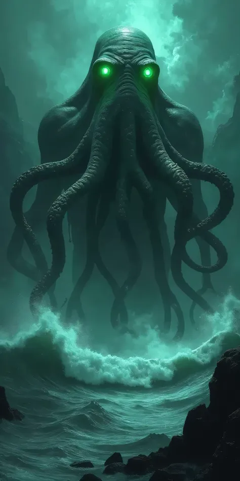 Eldritch horror digital painting. Cthulhu emerging from the depths with glowing green eyes. It's massive tentacled face partially obscured by swirling mist, dark ocean waves crashing around it's colossal form, eerie bioluminescent glow, low-angle cinematic...