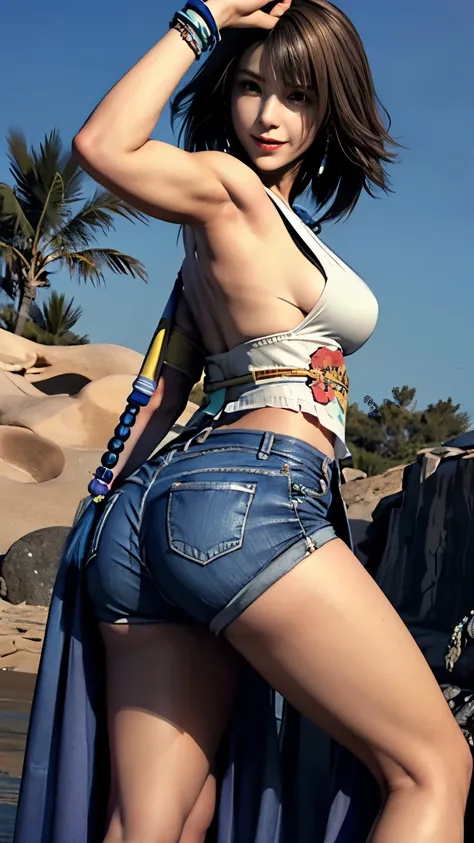 ((( depicts hands and feet based on meticulous perfection ))), tilting your head innocently and laughing at the edge of a white tropical beach、Very Beautiful Girl,big breasts,Beautiful Breasts, tight waist , Pull up your chest,amazing protruding hips  ,(((...