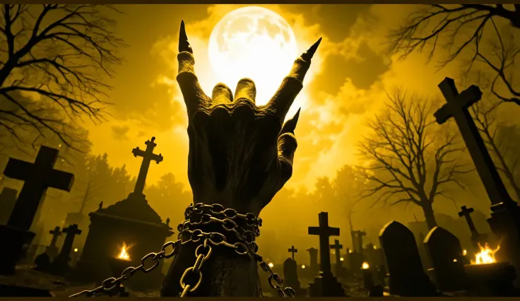 art, wallpaper, haunting graveyard landscape at midnight, ancient crosses silhouetted against starlit sky, big moon, moonlight, contrast, good lightning, decaying monuments, fog, dead trees, fires and torches burning in the background, deep shadows and moo...